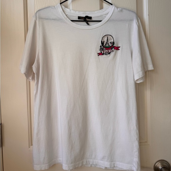 Maje Crewneck Paris Print Preppy Neutral Shirt White Size 2 oversized Flawed - Picture 1 of 8